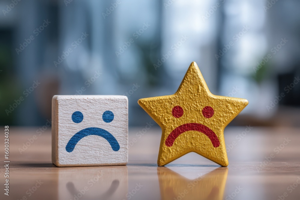 Two wooden blocks on a desk display different facial expressions. One block features a blue sad face while the other shows a yellow star with a sad face. The scene captures a thoughtful atmosphere.