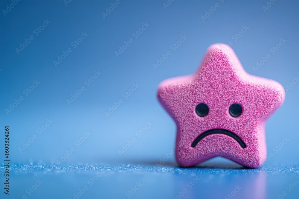 A pink star figure with a frown sits prominently on a smooth blue surface. The expression conveys sadness, creating a contrast with the vibrant color. The background is softly blurred.