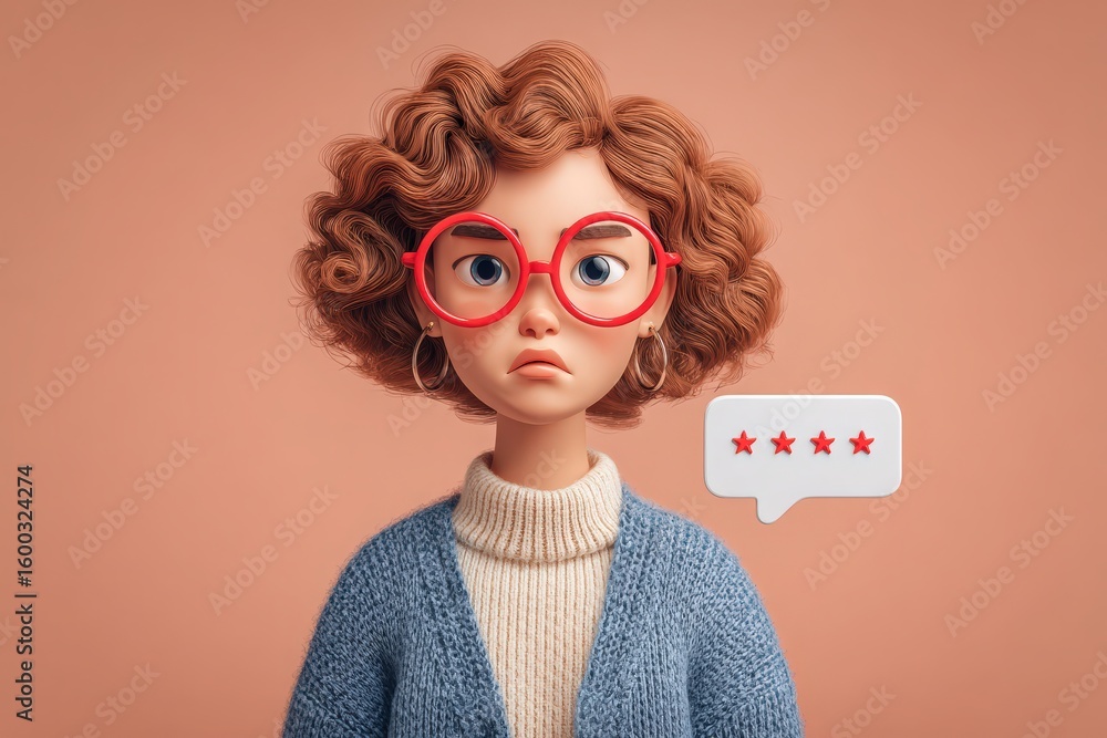 A young woman with curly hair and red glasses looks contemplative. She wears a cozy sweater and stands against a soft, warm backdrop. A speech bubble with rating stars appears next to her.