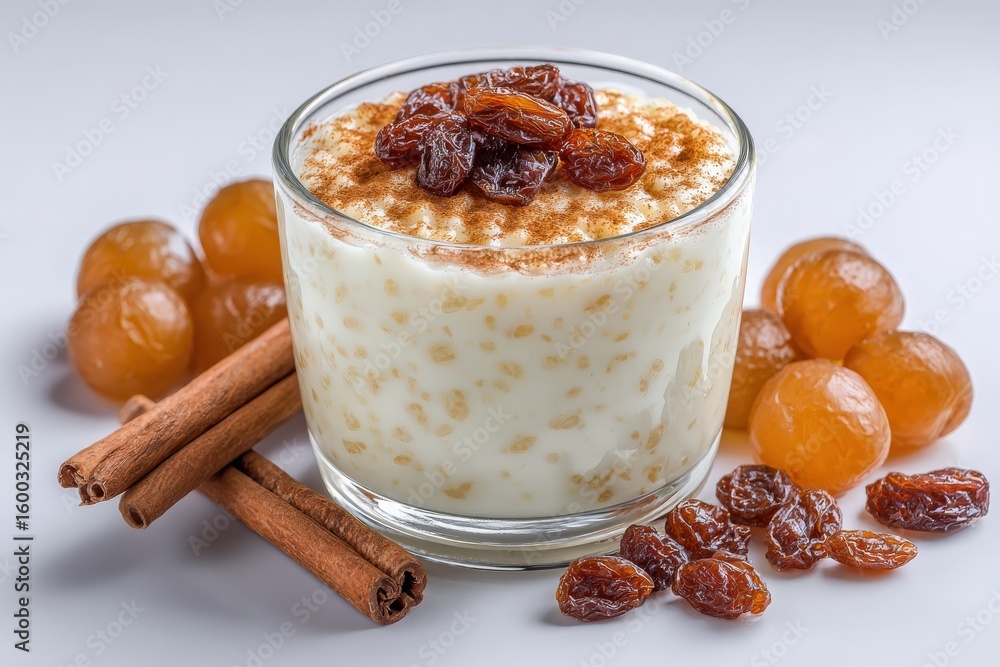 A delicious serving of rice pudding is adorned with raisins and a sprinkle of cinnamon. Surrounding the dessert are additional raisins and some cinnamon sticks, creating an inviting display.