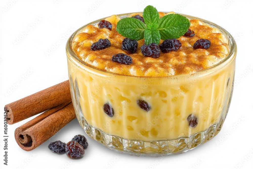 A delightful bowl of creamy rice pudding topped with a sprinkle of cinnamon and raisins sits next to cinnamon sticks.