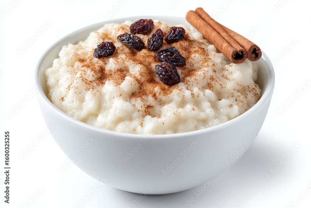 A bowl of creamy rice pudding features a sprinkle of cinnamon and plump raisins on top, accompanied by two cinnamon sticks, creating a comforting dessert perfect for any occasion.