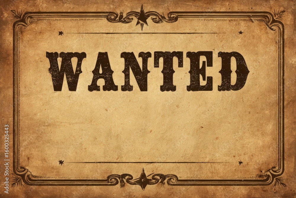 A wanted poster showcases bold lettering and a rustic background, capturing the essence of the Wild West. The aged paper adds to its historical authenticity, evoking images of lawmen and outlaws.