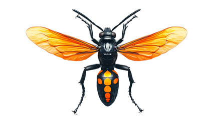 Large wasp with bright orange wings top view isolated on white background for insect and nature concept
