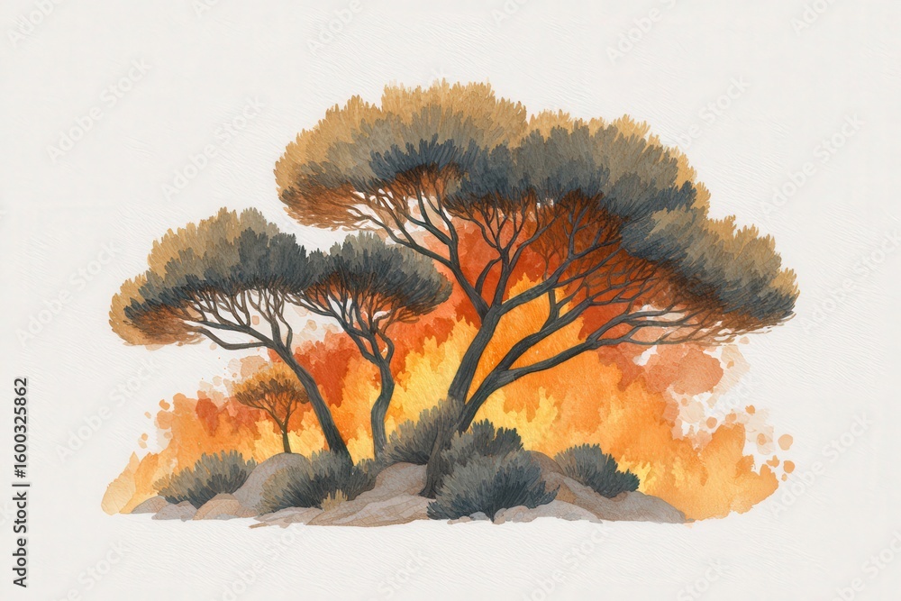 Vivid colors showcase trees surrounded by flames in a landscape affected by wildfires. The dramatic contrast highlights the intensity of the fire against the natural scenery.