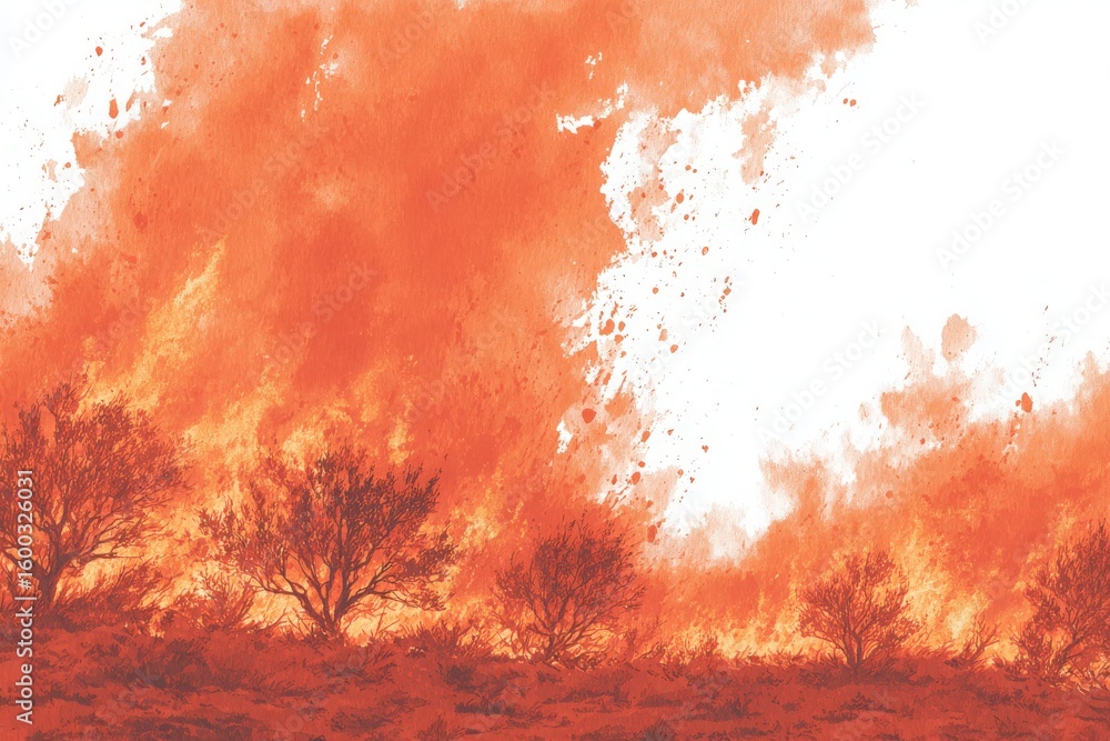 An expansive wildfire blazes across the dry terrain, with flames roaring high and smoke billowing into the sky at sunset. The rugged landscape is dominated by trees caught in the inferno.