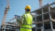 © Vadym - Engineer in yellow vest and helmet stands on construction site, holding digital tablet. Focus on building under construction with cranes in background. Man works, plans, inspects project.