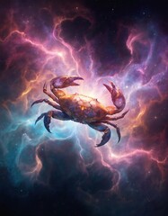 Wall Mural - Digital artwork features vibrant crab creature against cosmic nebula background. Colorful celestial clouds glow with pink, blue, orange hues, accented by stars, mystical, otherworldly atmosphere.