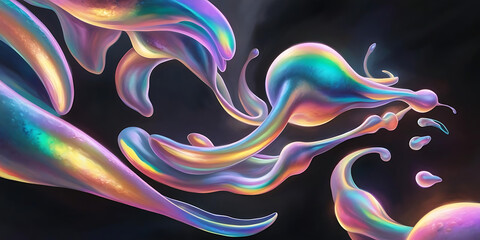  Abstract Iridescent Shapes Flowing on Dark Background

