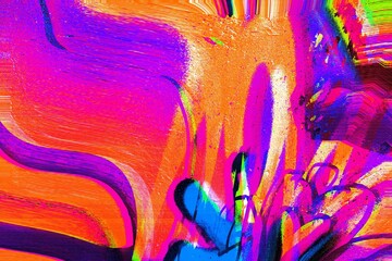 Wall Mural - vibrant psychedelic abstract design featuring neon pink, orange, blue. 80s glitch style, vivid tones