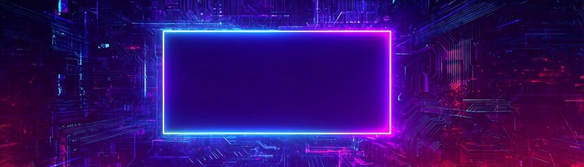 Wall Mural - Neon glowing rectangle in a circuit board background.