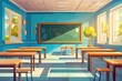 © iri.madrid.art - Bright classroom scene for back to school season with desks and blackboard. Flat illustartion. Horizontal banner. Copy space. Free space for text