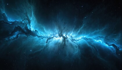 Wall Mural - Vibrant blue nebula formation illuminates deep space with glowing cosmic clouds, distant stars. Abstract ethereal patterns form celestial energy fields across dark universe. Expansive tranquil galaxy