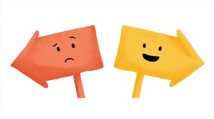 Two cartoon arrows with faces showing opposite emotions: a sad, confused red arrow pointing left and a happy, confident yellow arrow pointing right on a white background.