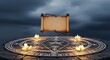 © anomalicreatype - Magic Ritual Circle with Scroll and Candles Under Dark Cloudy Sky