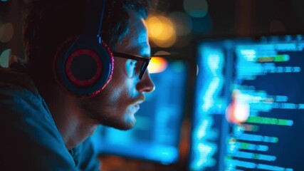 Programmer's Focus: A focused programmer intently studies lines of code on a high-resolution monitor, with headphones.