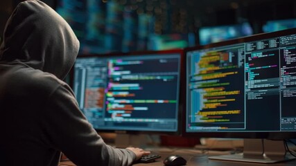Cybersecurity Code: A cloaked figure delves into the world of code, analyzing data through a monitor in a shadowy high-tech environment.