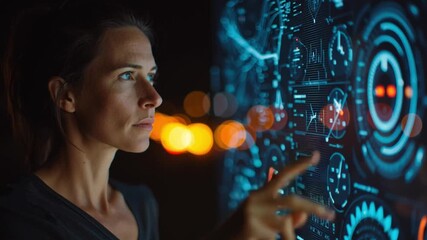 Wall Mural - tech-savvy professional: a determined woman intently interacting with a holographic interface, her f
