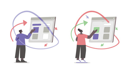 Two people interacting with web interfaces with colorful arrows surrounding them visually