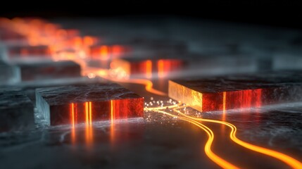 Wall Mural - orange electrical current flows through a series of metallic cubes on a dark surface, generating hea