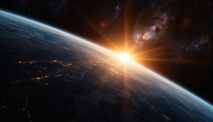 Wall Mural - Sunrise over planet Earth viewed from space. Bright sun illuminates atmosphere and continents with city lights below. Cosmic nebula and stars visible in dark background. Global view of solar system.