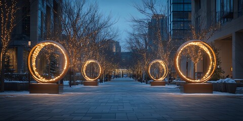 winter night city park illuminated with glowing light spheres