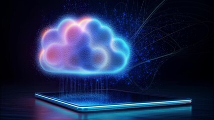 Wall Mural - digital transferring computing data cloud symbolizing tablet, to wireless storage and data technolog