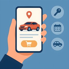 Flat Illustration of a Hand Holding Smartphone Displaying Online Vehicle Rental App Interface