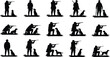 © Nur-Nobin Creations - Silhouette of hunter with dog, aiming with rifle, sitting and standing poses, outdoor hunting scene, vector design, wild adventure
