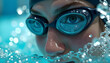 © Arterego Studio - Close-up portrait of a swimmer wearing goggles emerging from dynamic water splashes with bokeh