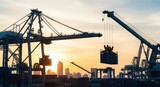 Crane arms lifting containers in a busy seaport as the sun sets behind the skyline.
