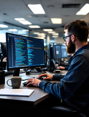 A Developer coding on a monitor, with the screen displaying complex software. Represents technology, programming, and innovation. Perfect for web development, cybersecurity, and IT concepts.	