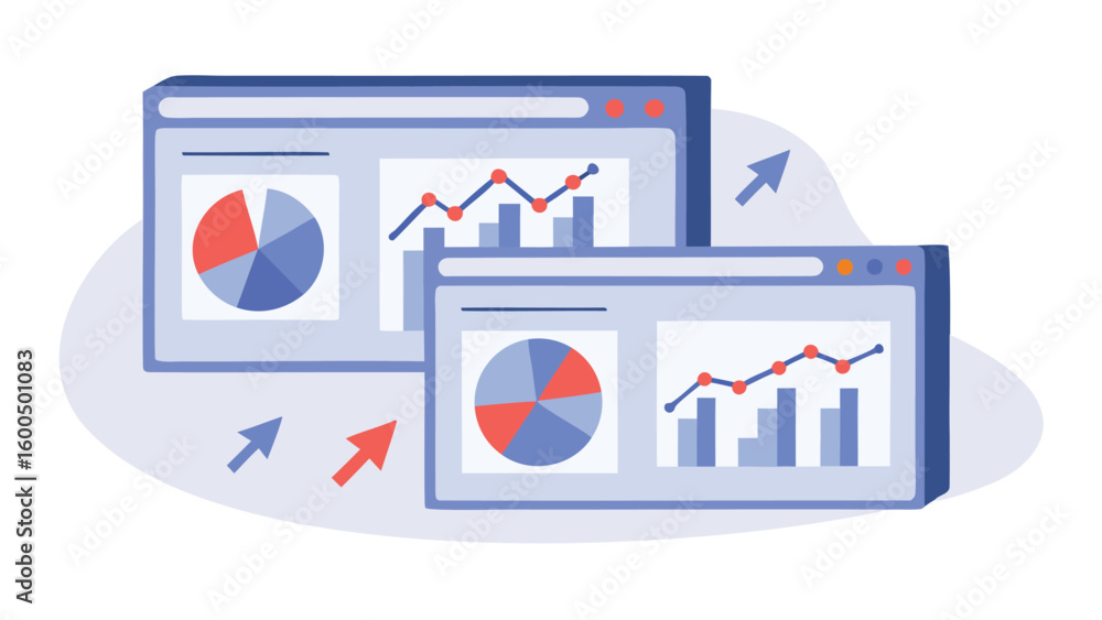 Two computer screens displaying charts and graphs for data analysis and ...