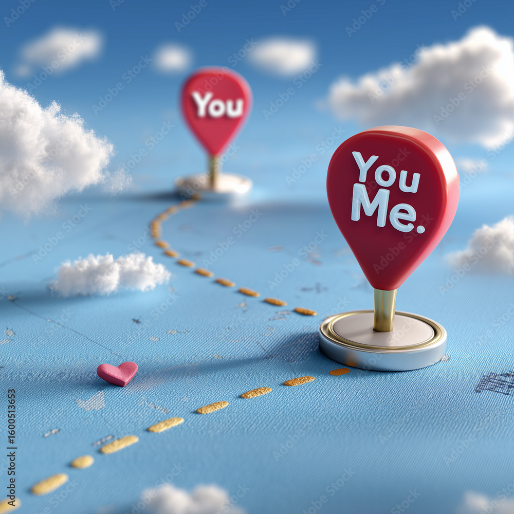 Heart-shaped map route connecting two friends with clean layout for ...