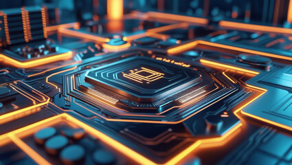 Wall Mural - Close-up view of a futuristic computer circuit board with glowing orange and blue accents.