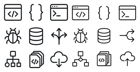 Web development outline icons set – coding, programming, and tech symbols