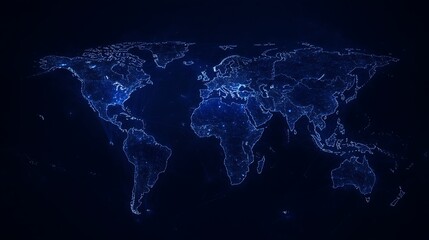 Digital blue world map illuminated with glowing lines and circuits on a dark background