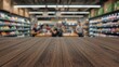 © AIArtistry - Blurred supermarket interior with grocery shelves filled with products in background and wooden table surface in foreground.