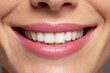© Bojan - Macro shot of caucasian woman part of the face with no makeup. Closeup of female pink lips, smiling with visible teeth and gums.