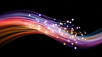 Wall Mural - abstract wave of glowing vibrant light streams with glittering particles on black background. dynami