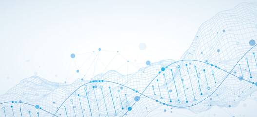 Wall Mural - abstract image of dna molecule on wireframe wave. scientific vector background.