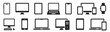 © Comauthor - Device icons set. Smartphone, laptop, desktop computer, tablet, smartwatch, mobile phone, keyboard and mouse - stock vector.