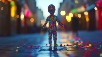 Wall Mural - a colorful figure stands in an enchanting street, illuminated by vibrant lights. this playful creati