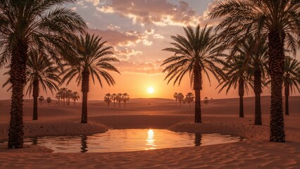 Wall Mural - sunset over a serene desert pond with lush palm trees, digital illustration
