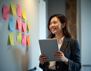 Positive successful Asian project manager working with tablet at white board with post it stickers holding digital device looking away smiling laughing enjoying modern Internet technology for job