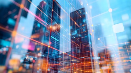 Wall Mural - abstract cityscape with glowing lines and blurred buildings in blue and orange tones.