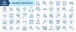 © nuricon - Market Research icon collection set. Containing analysis, consumer behavior, focus group, questionnaire, sampling, market segmentation, target, trends, competitor analysis icon. Simple blue vector