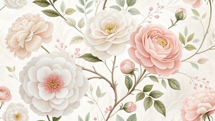  Delicate watercolor floral arrangement with a seamless pattern of roses and blooms in soft pink hues.