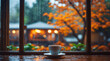 © SecretCanvas - cozy peaceful atmosphere indoors with coffee steam wood table reading corner near window golden red leaves outside rainy weather fall vibe autumn rainy interior design wallpaper background