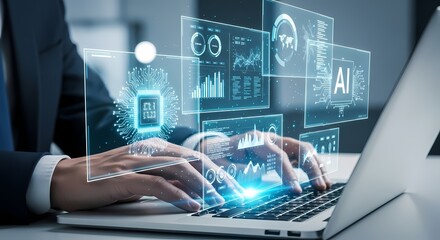 AI Data Analysis Businessman Working on Laptop Digital Illustration